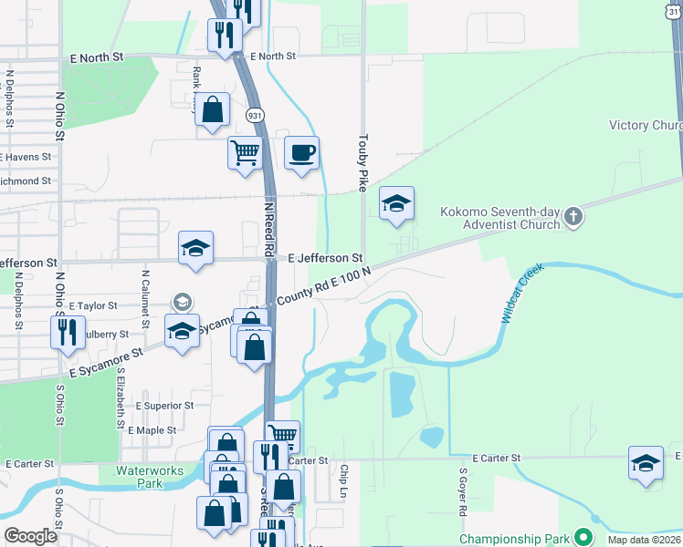 map of restaurants, bars, coffee shops, grocery stores, and more near 1817 East Jefferson Street in Kokomo