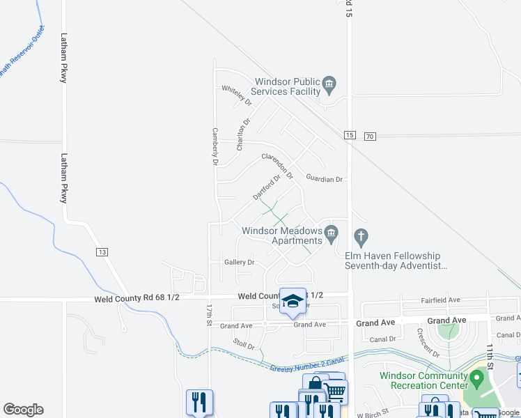 map of restaurants, bars, coffee shops, grocery stores, and more near 1620 Kelmsley Court in Windsor