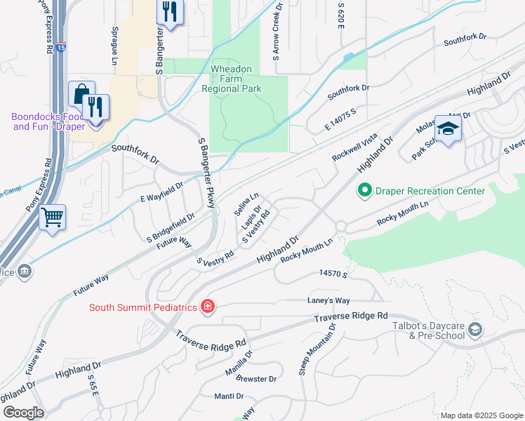 map of restaurants, bars, coffee shops, grocery stores, and more near 14345 Lapis Drive in Draper