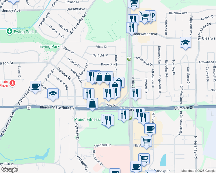 map of restaurants, bars, coffee shops, grocery stores, and more near 1608b East Empire Street in Bloomington