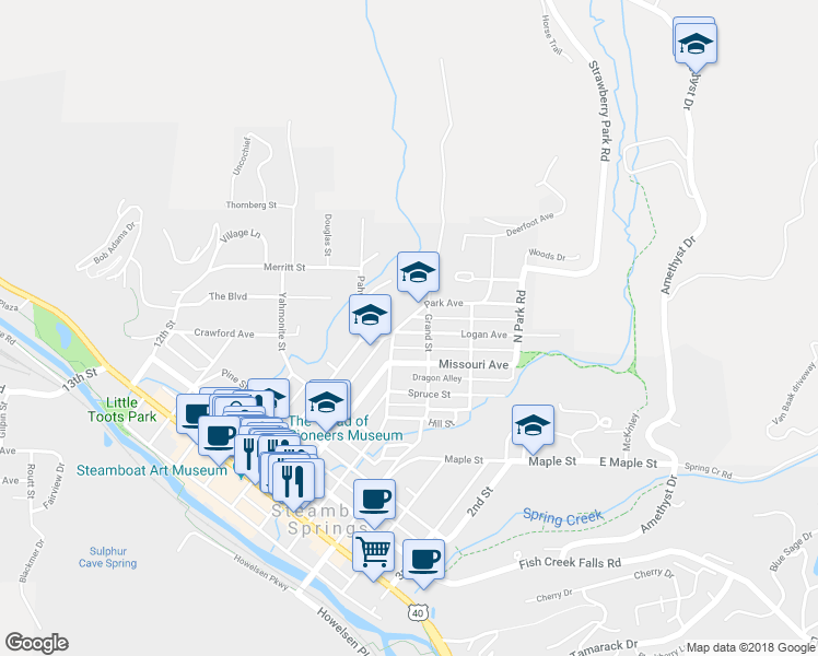 map of restaurants, bars, coffee shops, grocery stores, and more near 228 Logan Avenue in Steamboat Springs