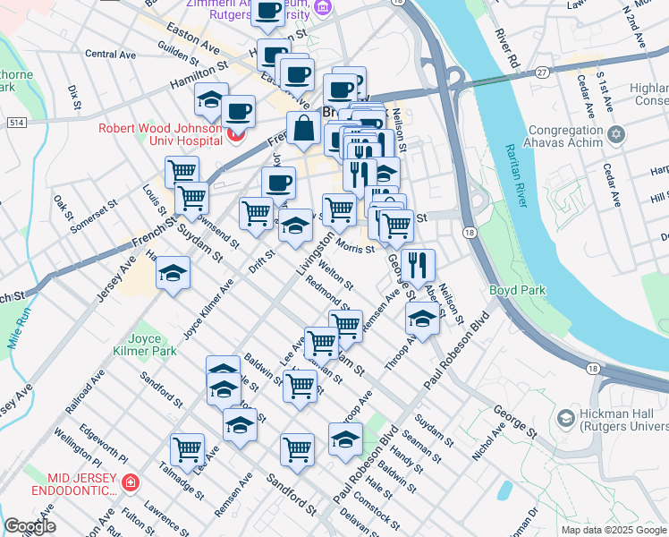 map of restaurants, bars, coffee shops, grocery stores, and more near 70 Morris Street in New Brunswick
