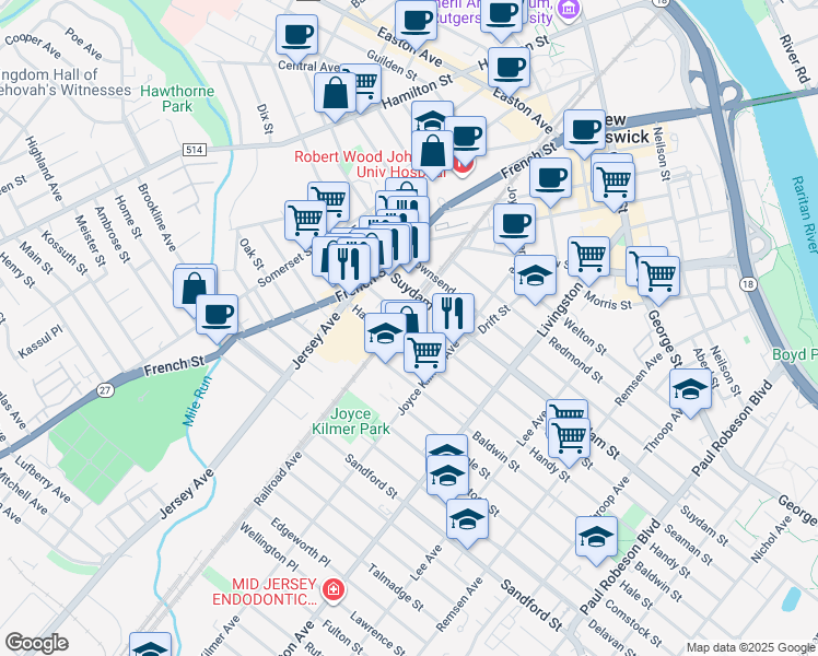 map of restaurants, bars, coffee shops, grocery stores, and more near 57 Railroad Avenue in New Brunswick