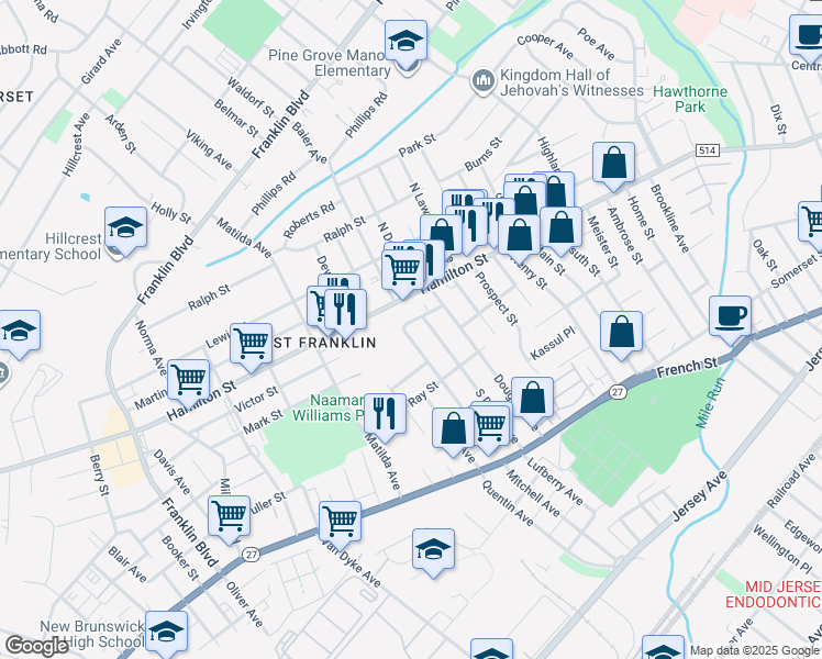 map of restaurants, bars, coffee shops, grocery stores, and more near 700 Hamilton Street in Franklin Township