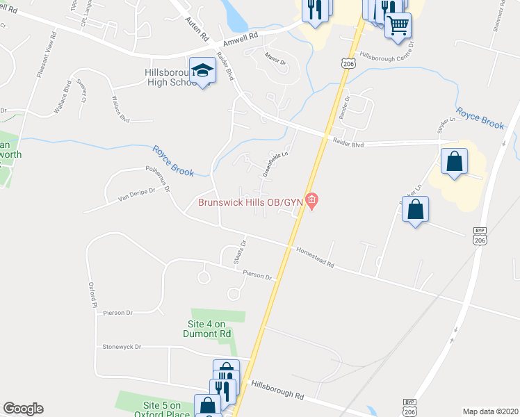map of restaurants, bars, coffee shops, grocery stores, and more near 72 Hampton Court in Somerset County