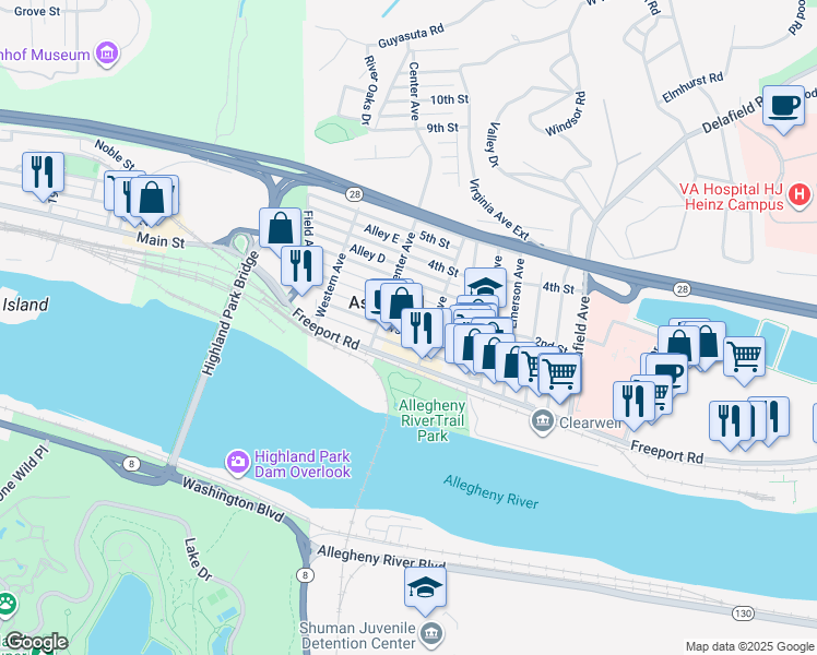 map of restaurants, bars, coffee shops, grocery stores, and more near 228 2nd Street in Aspinwall