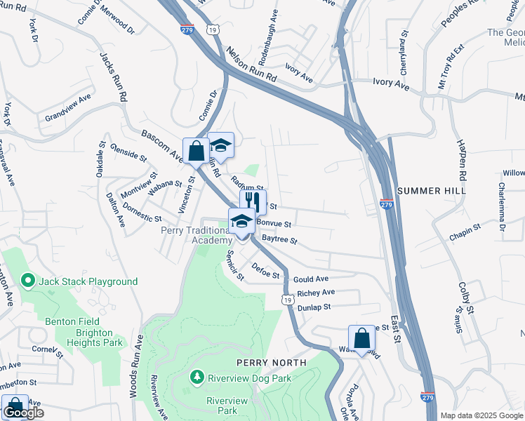 map of restaurants, bars, coffee shops, grocery stores, and more near 44 Waldorf Street in Pittsburgh