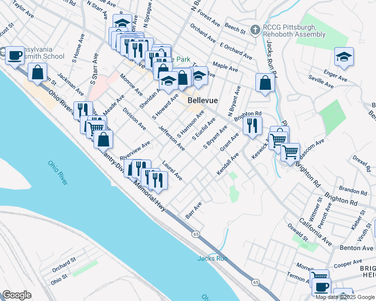 map of restaurants, bars, coffee shops, grocery stores, and more near 110 South Euclid Avenue in Pittsburgh
