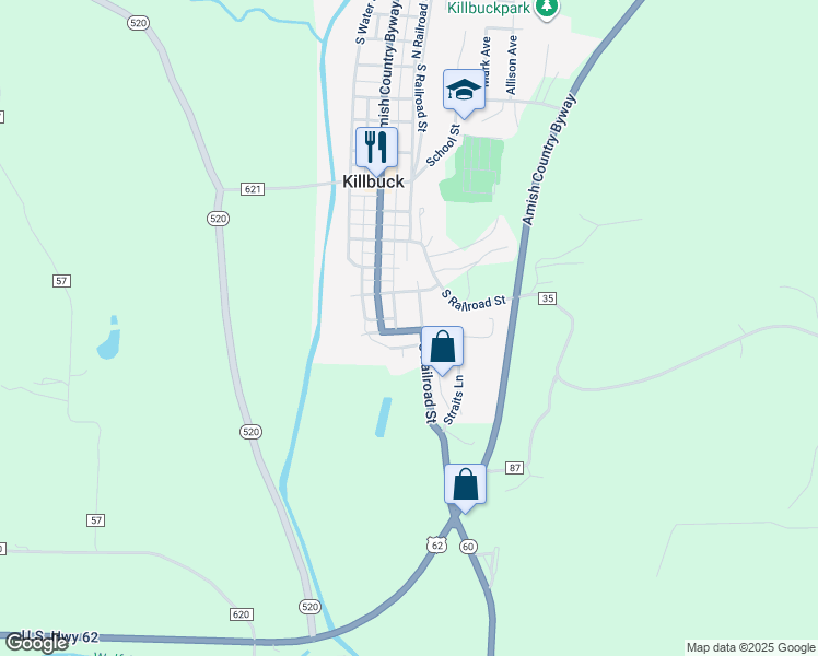 map of restaurants, bars, coffee shops, grocery stores, and more near 366 South Railroad Street in Killbuck
