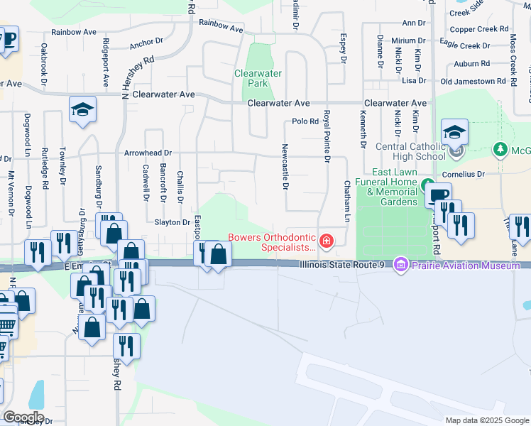 map of restaurants, bars, coffee shops, grocery stores, and more near 1202 Newcastle Drive in Bloomington