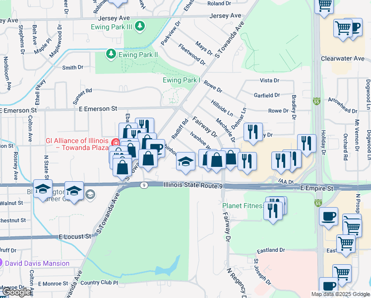 map of restaurants, bars, coffee shops, grocery stores, and more near 203 Sherwood Way in Bloomington
