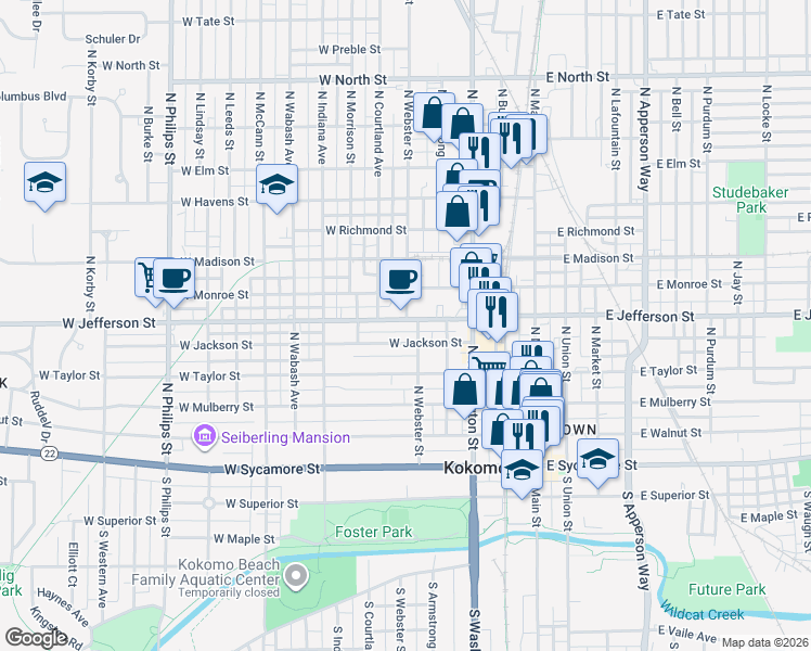 map of restaurants, bars, coffee shops, grocery stores, and more near 505 West Jefferson Street in Kokomo