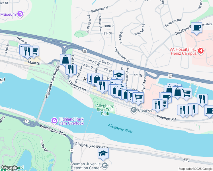 map of restaurants, bars, coffee shops, grocery stores, and more near 315 2nd Street in Aspinwall