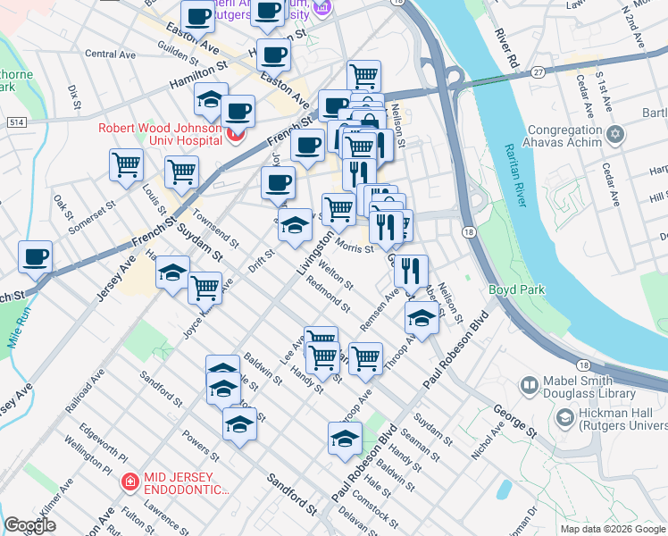map of restaurants, bars, coffee shops, grocery stores, and more near 70 Morris Street in New Brunswick