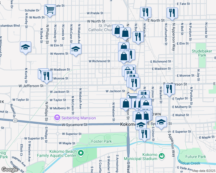 map of restaurants, bars, coffee shops, grocery stores, and more near 517 West Jefferson Street in Kokomo