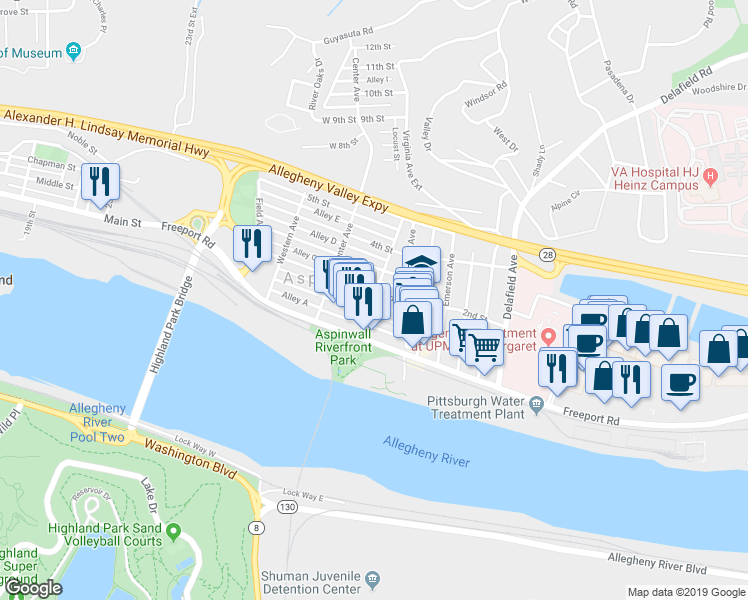 map of restaurants, bars, coffee shops, grocery stores, and more near 110 Eastern Avenue in Pittsburgh