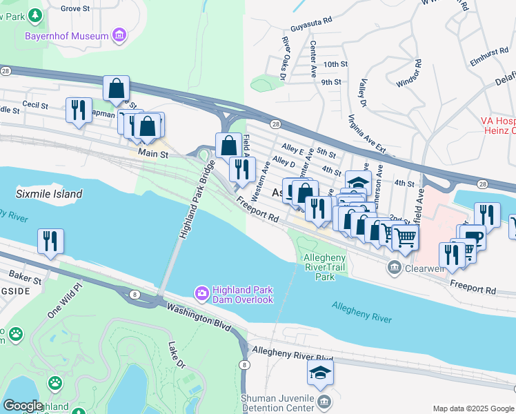 map of restaurants, bars, coffee shops, grocery stores, and more near 118 1st Street in Aspinwall