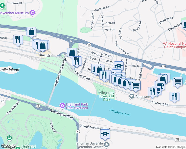 map of restaurants, bars, coffee shops, grocery stores, and more near in Aspinwall