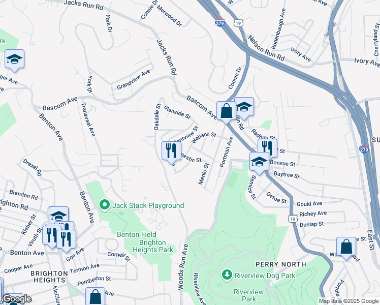 map of restaurants, bars, coffee shops, grocery stores, and more near 500 Wabana Street in Pittsburgh
