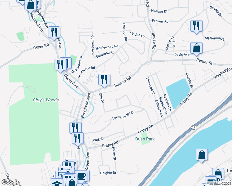 map of restaurants, bars, coffee shops, grocery stores, and more near 212 Hugel Drive in Pittsburgh