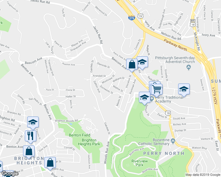 map of restaurants, bars, coffee shops, grocery stores, and more near 500 Wabana Street in Pittsburgh