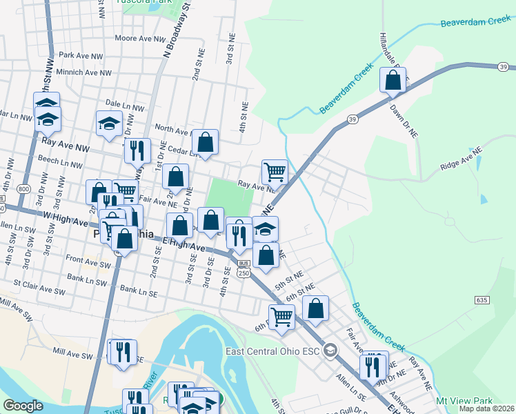 map of restaurants, bars, coffee shops, grocery stores, and more near 409 Mishler Lane Northeast in New Philadelphia