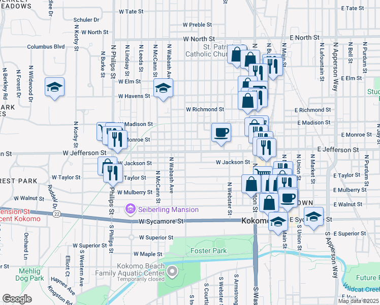map of restaurants, bars, coffee shops, grocery stores, and more near 706 West Jefferson Street in Kokomo