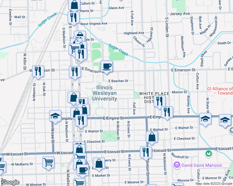 map of restaurants, bars, coffee shops, grocery stores, and more near 307 Phoenix Avenue in Bloomington