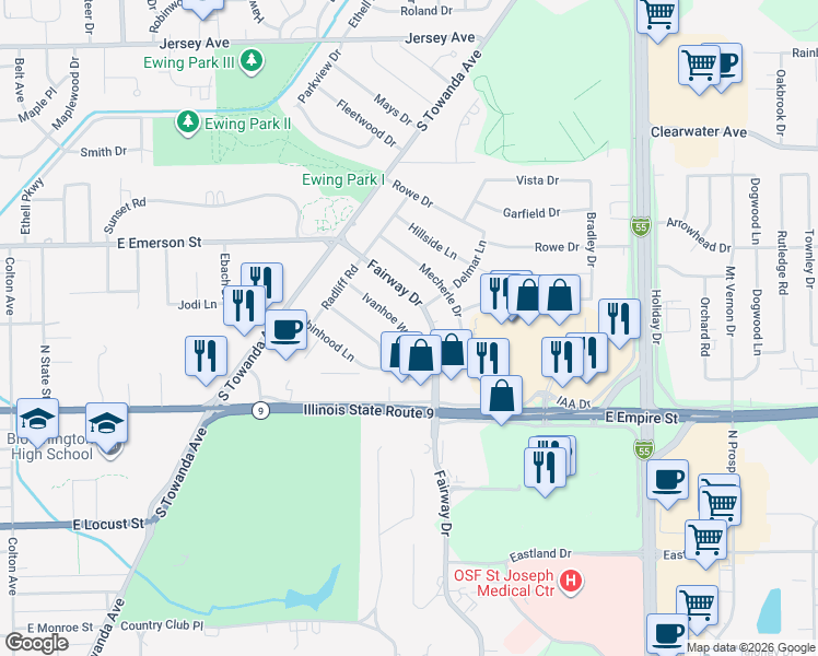 map of restaurants, bars, coffee shops, grocery stores, and more near 218 Ivanhoe Way in Bloomington