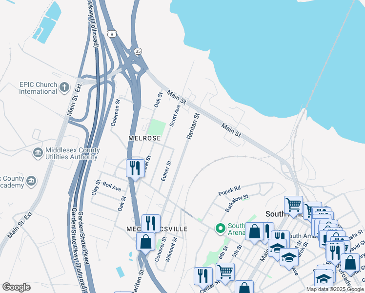 map of restaurants, bars, coffee shops, grocery stores, and more near 220 Raritan Street in South Amboy