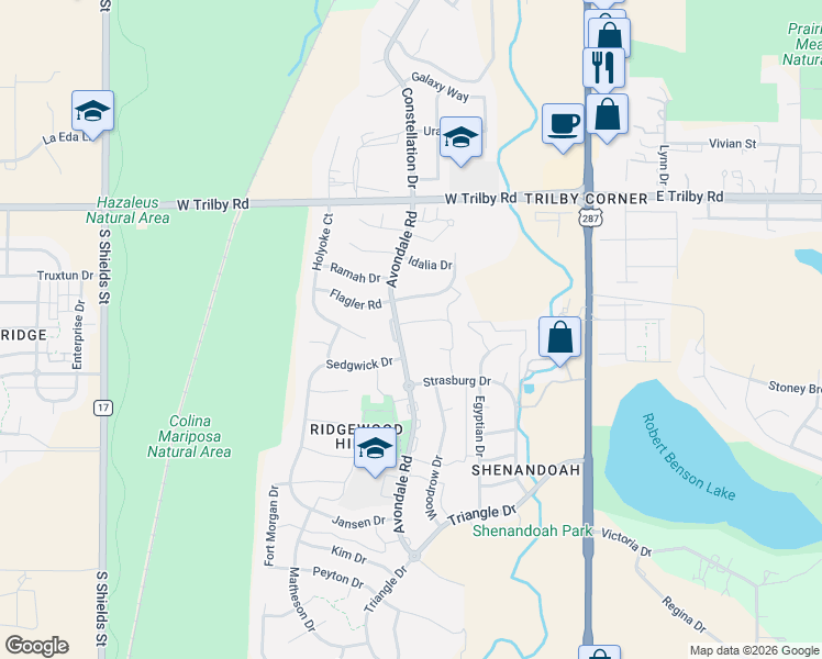 map of restaurants, bars, coffee shops, grocery stores, and more near 427 Hudson Court in Fort Collins