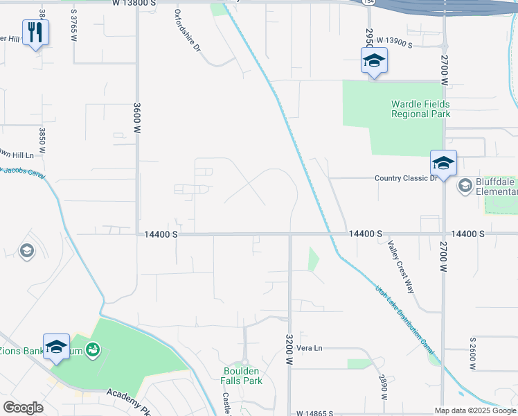map of restaurants, bars, coffee shops, grocery stores, and more near 14332 Keely Court in Bluffdale