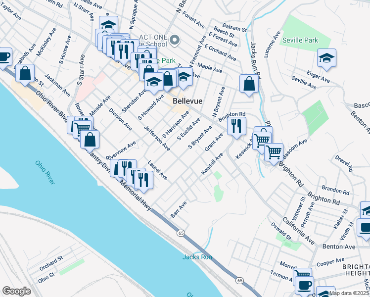 map of restaurants, bars, coffee shops, grocery stores, and more near 96 South Bryant Avenue in Pittsburgh