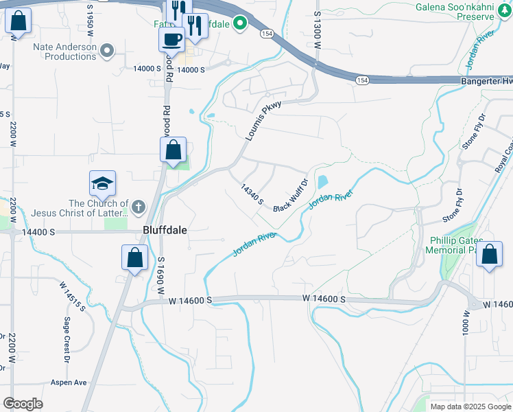 map of restaurants, bars, coffee shops, grocery stores, and more near 1459 Copper John Way in Bluffdale