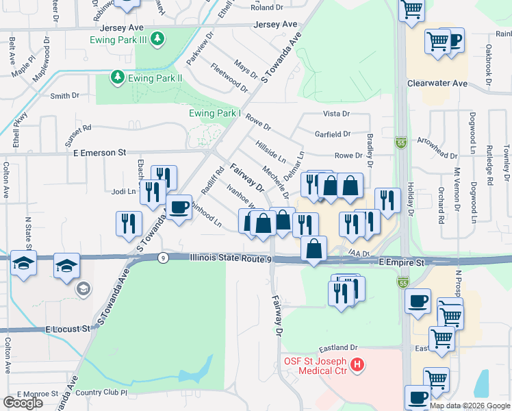 map of restaurants, bars, coffee shops, grocery stores, and more near 218 Ivanhoe Way in Bloomington