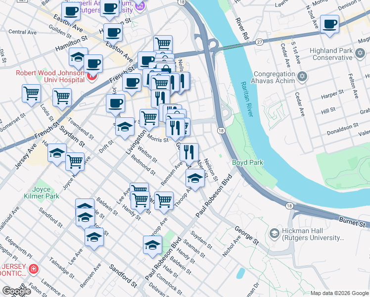 map of restaurants, bars, coffee shops, grocery stores, and more near 259 George Street in New Brunswick