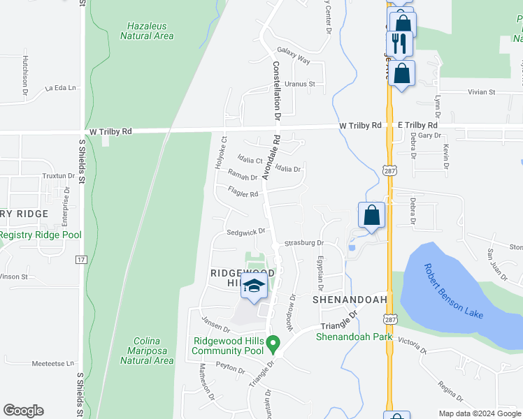 map of restaurants, bars, coffee shops, grocery stores, and more near 6821 Avondale Road in Fort Collins