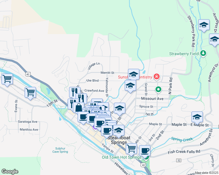map of restaurants, bars, coffee shops, grocery stores, and more near 940 Crawford Avenue in Steamboat Springs