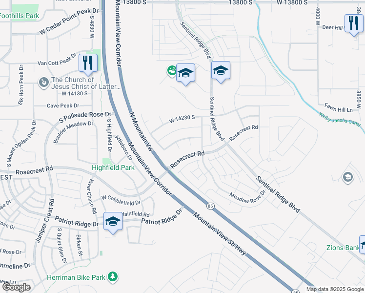 map of restaurants, bars, coffee shops, grocery stores, and more near 14331 South Dusty Meadows Circle in Herriman
