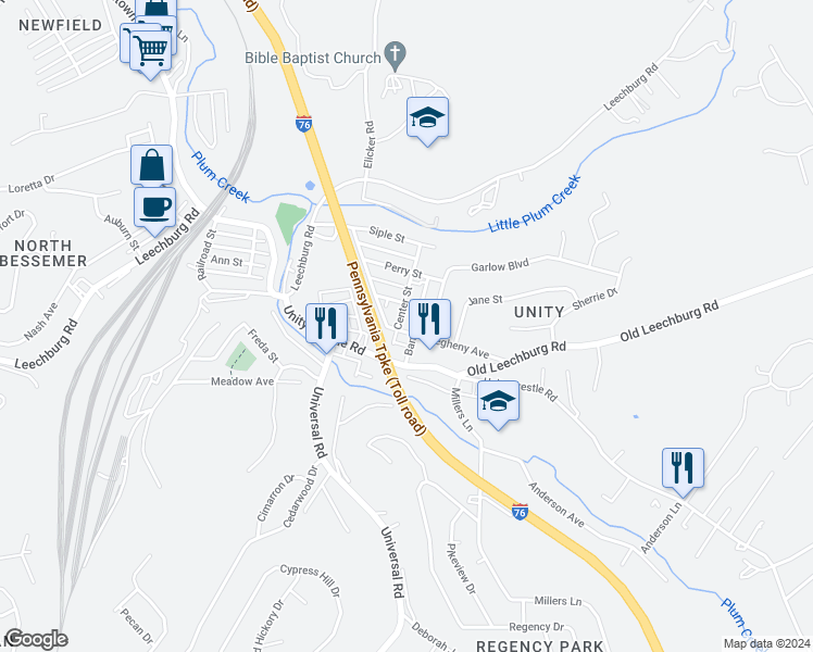 map of restaurants, bars, coffee shops, grocery stores, and more near 208 Center Street in Pittsburgh