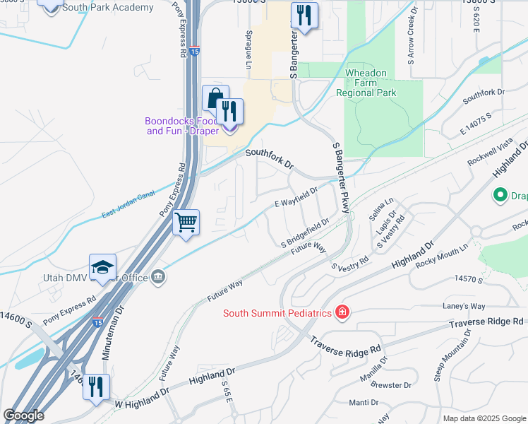 map of restaurants, bars, coffee shops, grocery stores, and more near 139 East Wayfield Drive in Draper