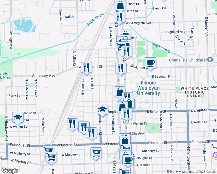 map of restaurants, bars, coffee shops, grocery stores, and more near 306 Union Street in Bloomington