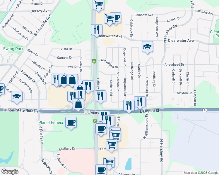 map of restaurants, bars, coffee shops, grocery stores, and more near 1218 Orchard Road in Bloomington