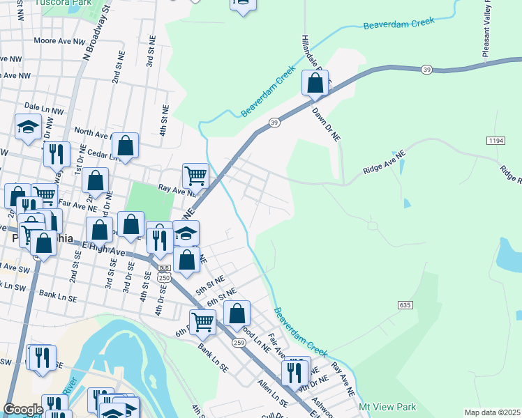 map of restaurants, bars, coffee shops, grocery stores, and more near 339 Beitler Avenue Northeast in New Philadelphia