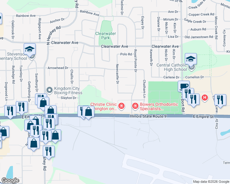 map of restaurants, bars, coffee shops, grocery stores, and more near 1202 Newcastle Dr in Bloomington
