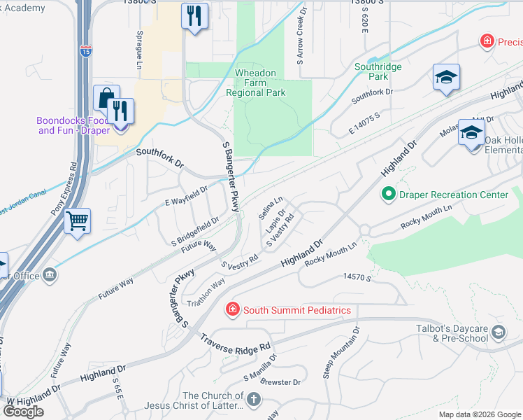map of restaurants, bars, coffee shops, grocery stores, and more near 14338 Debrian Way in Draper