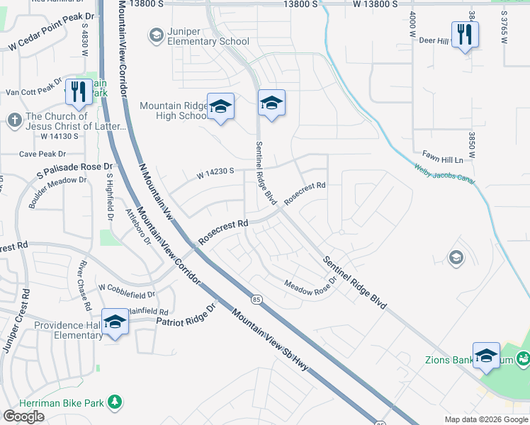 map of restaurants, bars, coffee shops, grocery stores, and more near 4372 Rosecrest Road in Riverton