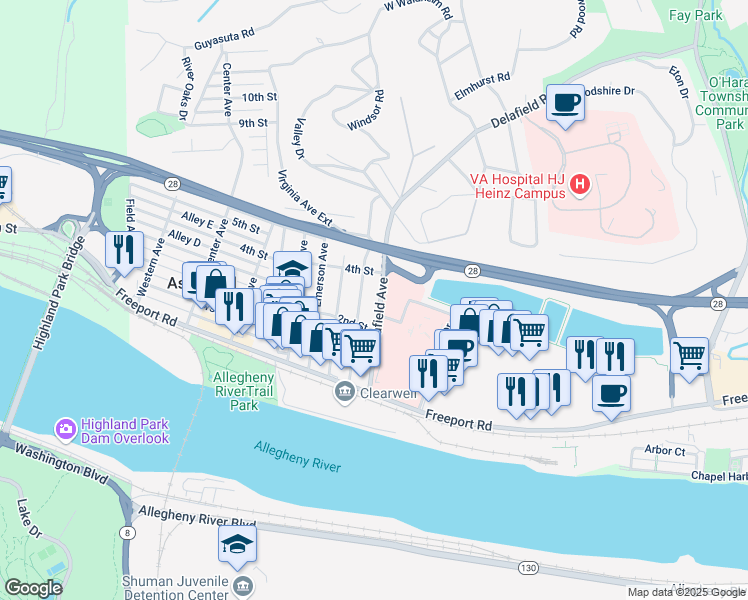 map of restaurants, bars, coffee shops, grocery stores, and more near 217 Delafield Road in Pittsburgh
