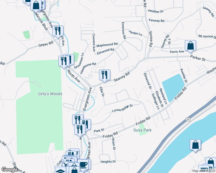 map of restaurants, bars, coffee shops, grocery stores, and more near 855 Seavey Road in Millvale