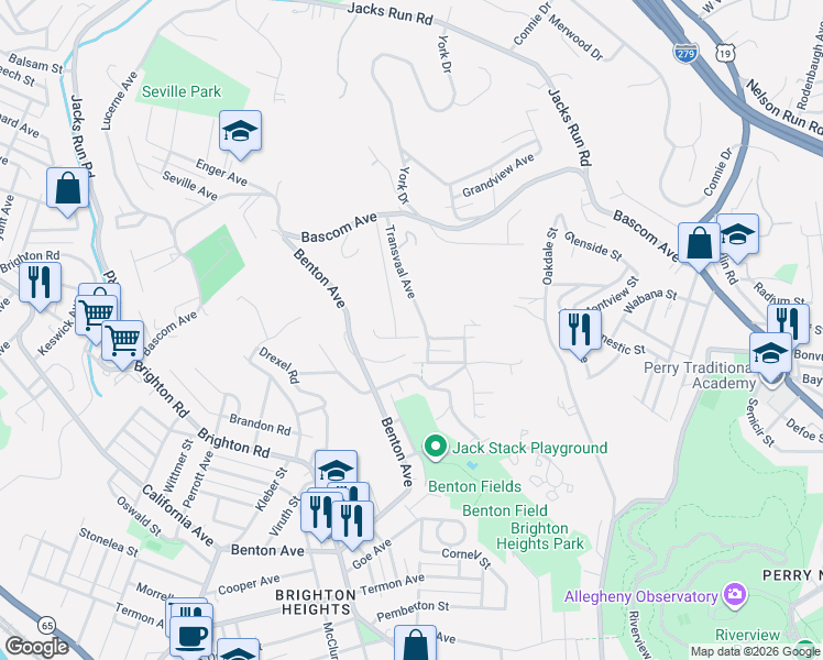 map of restaurants, bars, coffee shops, grocery stores, and more near 65 Transvaal Avenue in Pittsburgh